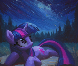 Size: 1961x1679 | Tagged: safe, artist:yidwags, imported from derpibooru, twilight sparkle, pony, unicorn, forest, g4, looking up, lying down, mixed media, nature, night, night sky, painterly, painting, picnic blanket, sky, solo, stargazing, stars, tree, unicorn twilight