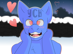 Size: 2700x1993 | Tagged: safe, imported from derpibooru, oc, anthro, pony, blushing, commission, hands on fa, heart, heart eyes, smiling, snow, solo, wingding eyes, your character here
