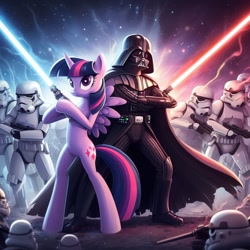 Size: 1024x1024 | Tagged: safe, imported from derpibooru, twilight sparkle, alicorn, human, pony, ai content, ai generated, bipedal, darth vader, dexterous hooves, female, g4, lightsaber, male, prompter:meshari7, star wars, stormtrooper, twilight sparkle (alicorn), weapon, wrong cutie mark