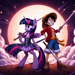 Size: 1024x1024 | Tagged: safe, imported from derpibooru, twilight sparkle, alicorn, human, pony, ai content, ai generated, bipedal, clothes, dress, female, g4, grin, male, monkey d. luffy, one piece, prompter:meshari7, smiling, solo, sword, twilight sparkle (alicorn), weapon