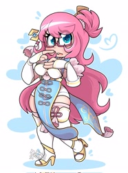 Size: 1520x2048 | Tagged: safe, artist:befishproductions, imported from derpibooru, oc, oc only, oc:fluffle puff, human, beidou (genshin impact), breasts, clothes, commission, cosplay, costume, eye clipping through hair, female, genshin impact, glasses, heart, heart eyes, high heels, humanized, humanized oc, shoes, simple background, socks, solo, stockings, thigh highs, white background, wingding eyes