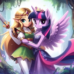 Size: 1024x1024 | Tagged: safe, artist:user15432, imported from derpibooru, twilight sparkle, alicorn, anthro, human, ai content, ai generated, anatomically incorrect, crossover, crown, cursed image, duo, female, g4, generator:bing image creator, hug, jewelry, looking at you, nintendo, princess zelda, prompter:user15432, regalia, smiling, sword, the legend of zelda, tree, twilight sparkle (alicorn), weapon