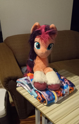 Size: 2072x3230 | Tagged: safe, artist:epicrainbowcrafts, imported from derpibooru, izzy moonbow, pipp petals, sunny starscout, zipp storm, earth pony, pegasus, pony, unicorn, blanket, couch, female, g5, irl, life size, mare, photo, plushie, sitting, solo focus, unshorn fetlocks