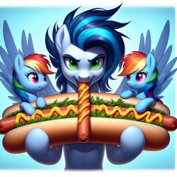 Size: 1024x1024 | Tagged: safe, imported from derpibooru, rainbow dash, soarin', ai content, ai generated, clone, food, generator:bing image creator, hot dog, meat, not salmon, ponies eating meat, prompter:*rainbow dash*, sausage, wat, what has science done