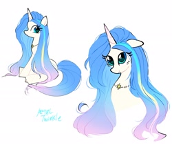 Size: 2048x1723 | Tagged: safe, artist:petaltwinkle, imported from derpibooru, oc, oc only, pony, unicorn, bust, eye clipping through hair, female, floppy ears, jewelry, long mane, mare, necklace, signature, simple background, sitting, smiling, solo, white background