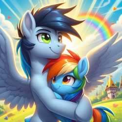 Size: 1024x1024 | Tagged: safe, imported from derpibooru, rainbow dash, soarin', ai content, ai generated, female, generator:bing image creator, hug, male, prompter:*rainbow dash*, rainbow, ship:soarindash, shipping, straight, sun