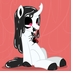 Size: 3000x3000 | Tagged: safe, artist:ponykittenboi, imported from derpibooru, oc, oc:neeble, black widow, goo, monster pony, original species, spider, black sclera, cloven hooves, commission, cute, gooey, happy, horn, incorrect black widow marking placement, looking at something, male, multiple eyes, open mouth, red eyes, show accurate, simple background, sitting, spider web, watermark