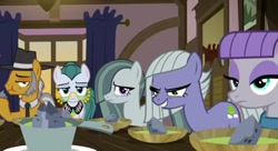 Size: 720x391 | Tagged: safe, imported from derpibooru, screencap, cloudy quartz, igneous rock pie, limestone pie, marble pie, maud pie, earth pony, hearthbreakers, dinner, evil grin, food, grin, pie family, rock, rock soup, smiling, soup, unamused