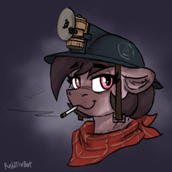 Size: 1276x1274 | Tagged: safe, artist:reddthebat, imported from derpibooru, oc, oc:number nine, earth pony, pony, bandana, bust, cigarette, eyebrows, eyebrows visible through hair, female, floppy ears, headlamp, helmet, lidded eyes, looking at you, mare, mining helmet, signature, smiling, smiling at you, smoking, solo