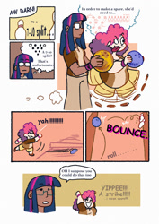 Size: 1068x1510 | Tagged: safe, artist:punkittdev, imported from derpibooru, pinkie pie, twilight sparkle, human, bowling, bowling alley, bowling ball, bowling pin, comic, dialogue, duo, duo female, fat, female, glasses, humanized, light skin, moderate dark skin, obese, piggy pie, pinkie being pinkie, pudgy pie, speech bubble, thought bubble