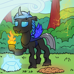 Size: 1200x1200 | Tagged: safe, artist:pony-berserker, imported from derpibooru, lightning bolt, white lightning, oc, oc:hero "bell" elytron, changeling, blue changeling, braid, bush, changeling oc, commission, earth, elemental magic, fire, ice, tree, wind