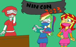 Size: 1136x704 | Tagged: safe, artist:artsytanooki, imported from derpibooru, nurse redheart, rainbow dash, sunset shimmer, equestria girls, blushing, book, brightly colored ninjas, embarrassed, kunoichi, make out tactics, mask, ninja