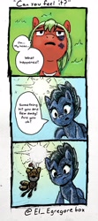 Size: 1729x3899 | Tagged: safe, artist:gorebox, imported from derpibooru, earth pony, pegasus, comic, pen drawing, sonic the hedgehog (series), speech bubble, tails doll, traditional art