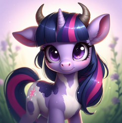 Size: 1004x1015 | Tagged: prompter needed, safe, imported from derpibooru, twilight sparkle, cow, hybrid, pony, unicorn, ai content, ai generated, cow horns, generator:bing image creator, horns, milklight sparkle, solo, unicorn twilight