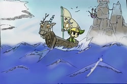 Size: 3873x2553 | Tagged: safe, artist:gorebox, imported from derpibooru, discord, bird, pony, seagull, unicorn, boat, colored, crossover, link, mountain, ocean, pen drawing, ship, the legend of zelda, the legend of zelda: the wind waker, traditional art, water