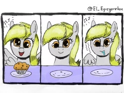 Size: 1898x1438 | Tagged: safe, artist:gorebox, imported from derpibooru, derpy hooves, pegasus, colored, comic, drool on face, food, ink drawing, muffin, pavlov, psychology, solo, traditional art