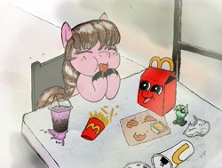 Size: 1971x1489 | Tagged: safe, artist:gorebox, imported from derpibooru, pony, chicken meat, chicken nugget, colored, eating, food, french fries, grimace shake, happy meal, mcdonald's, meat, meme, numget, pen drawing, soda, toy, traditional art, unnamed character, unnamed pony