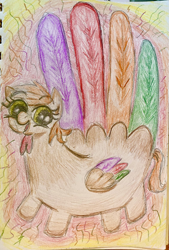 Size: 2577x3814 | Tagged: safe, artist:gorebox, imported from derpibooru, bird, pegasus, pony, turkey, colored pencil drawing, hand turkey, holiday, thanksgiving, traditional art, unnamed character, unnamed pony