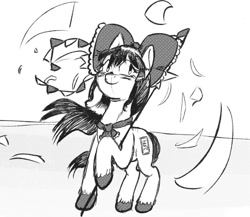 Size: 936x813 | Tagged: safe, artist:gorebox, imported from derpibooru, earth pony, ascot, black and white, bow, crossover, digital art, fetlock tuft, grayscale, hair bow, miko, monochrome, reimu hakurei, staff, touhou