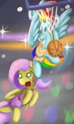 Size: 828x1378 | Tagged: safe, artist:gorebox, imported from derpibooru, fluttershy, rainbow dash, pegasus, basketball, digital art, kick, slam dunk, sports