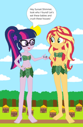 Size: 3360x5163 | Tagged: safe, artist:scratchtvgo, imported from derpibooru, princess cadance, sci-twi, shining armor, sunset shimmer, twilight sparkle, alicorn, human, pony, unicorn, equestria girls, barefoot, base used, cloud, dialogue, feet, female, forest, giantess, house, implied vore, jungle, macro, male, nature, tree, village