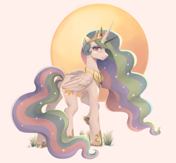 Size: 2420x2240 | Tagged: safe, artist:ghoasthead, imported from derpibooru, princess celestia, alicorn, pony, aside glance, butt, concave belly, crown, female, folded wings, g4, high res, horn, jewelry, long horn, looking at you, mare, peytral, plot, raised hoof, regalia, sideways glance, simple background, smiling, smiling at you, solo, standing, sun, white background, wings