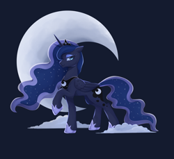 Size: 2520x2310 | Tagged: safe, artist:ghoasthead, imported from derpibooru, princess luna, alicorn, pony, blue background, cloud, concave belly, crescent moon, female, folded wings, g4, high res, lidded eyes, looking at you, mare, moon, raised hoof, simple background, smiling, smiling at you, wings