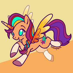 Size: 1280x1280 | Tagged: safe, artist:sparkytopia, imported from derpibooru, sunny starscout, alicorn, pony, doodle, female, flying, g5, mare, race swap, signature, simple background, solo, sunnycorn