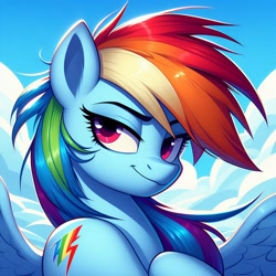 Size: 1024x1024 | Tagged: safe, imported from derpibooru, rainbow dash, pegasus, pony, ai content, ai generated, alternate cutie mark, alternative cutie mark placement, cloud, female, mare, prompter:meshari7, sky, smiling, smirk, solo