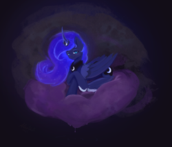 Size: 2000x1700 | Tagged: safe, artist:aterhut, imported from derpibooru, princess luna, alicorn, pony, female, lying down, mare, pillow, prone, simple background, smiling, solo