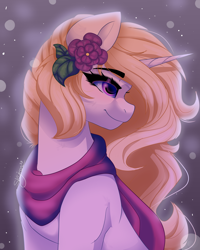 Size: 2000x2500 | Tagged: safe, artist:skyboundsiren, imported from derpibooru, oc, oc only, oc:winter siriusa, unicorn, bust, clothes, female, flower, portrait, scarf, signature, smiling