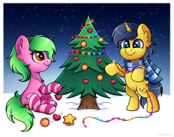 Size: 3234x2548 | Tagged: safe, artist:madelinne, imported from derpibooru, oc, oc only, earth pony, unicorn, christmas, christmas lights, christmas tree, clothes, duo, earth pony oc, holiday, horn, scarf, snow, socks, tree, unicorn oc