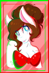 Size: 1365x2048 | Tagged: safe, artist:mscolorsplash, imported from derpibooru, oc, oc only, oc:color splash, anthro, pegasus, bare shoulder portrait, bare shoulders, border, bow, breasts, bust, busty oc, christmas, cleavage, female, holiday, lipstick, looking at you, mare, portrait, smiling, smiling at you, solo