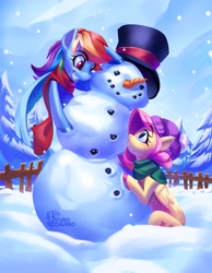 Size: 2975x3825 | Tagged: safe, artist:kyurochurro, imported from derpibooru, fluttershy, rainbow dash, pegasus, pony, cap, clothes, duo, female, grin, hat, high res, looking at each other, looking at someone, mare, scarf, signature, smiling, snow, snowfall, snowman, top hat