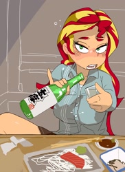 Size: 2000x2750 | Tagged: safe, artist:baigak, imported from derpibooru, sunset shimmer, human, equestria girls, alcohol, big breasts, blushing, breasts, busty sunset shimmer, chopsticks, drink, drunk, drunk bubbles, food, looking at you, sake, solo