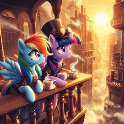 Size: 1024x1024 | Tagged: prompter needed, safe, imported from derpibooru, rainbow dash, twilight sparkle, alicorn, pegasus, pony, ai content, ai generated, city, cityscape, clothes, column, cup, drink, duo, duo female, female, fog, g4, generator:dall-e 3, goggles, hat, leaning, looking sideways, mare, railing, spread wings, steam, steampunk, sun, teacup, twilight sparkle (alicorn), window, wings, wood