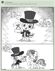 Size: 2550x3300 | Tagged: safe, artist:loreto-arts, imported from derpibooru, spike, sweetie belle, dragon, pony, unicorn, clothes, hat, jewelry, monochrome, ring, top hat, tuxedo, winged spike, wings