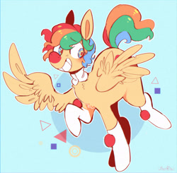 Size: 2467x2416 | Tagged: safe, artist:urbanqhoul, imported from derpibooru, oc, oc only, oc:whimsy, pegasus, pony, blue background, clown, eyebrows, eyebrows visible through hair, grin, high res, light blue background, red nose, simple background, smiling, solo
