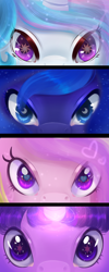 Size: 720x1800 | Tagged: safe, artist:neko-luvz, imported from derpibooru, princess cadance, princess celestia, princess luna, twilight sparkle, alicorn, pony, alicorn tetrarchy, close-up, cutie mark eyes, female, glowing, glowing horn, horn, looking at you, mare, remake, twilight sparkle (alicorn), wingding eyes