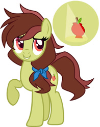 Size: 827x1056 | Tagged: safe, artist:cinnibunii, imported from derpibooru, oc, oc:ambrosia butterscotch, earth pony, pony, cute, female, mare, offspring, parent:candy apples, parent:caramel, parents:candymel, raised hoof, simple background, white background