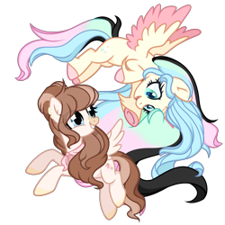 Size: 2500x2500 | Tagged: safe, artist:daisydiamond, imported from derpibooru, oc, oc only, oc:daisydiamond, oc:strawberry milk, alicorn, pegasus, pony, derpibooru community collaboration, 2024 community collab, alicorn oc, duo, duo female, female, flying, full body, horn, looking at each other, looking at someone, mare, pegasus oc, simple background, smiling, smiling at each other, transparent background, wings