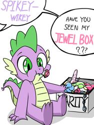 Size: 1536x2048 | Tagged: safe, artist:tstone, imported from derpibooru, spike, dragon, box, dialogue, eating, gem, implied rape, implied rarity, offscreen character, simple background, solo, speech bubble, this will not end well, white background