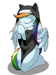 Size: 1536x2048 | Tagged: safe, artist:tstone, imported from derpibooru, rainbow dash, pegasus, pony, eyes closed, kneeling, nun, praying, simple background, solo, white background