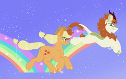 Size: 2662x1664 | Tagged: safe, artist:honeyofpeaches, imported from derpibooru, applejack, autumn blaze, earth pony, kirin, pony, sounds of silence, a kirin tale, duo, duo female, female, mare, rainbow