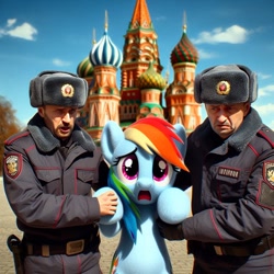 Size: 1024x1024 | Tagged: safe, imported from derpibooru, rainbow dash, human, pegasus, pony, ai content, ai generated, arrested, irl, moscow, nervous, photo, police officer, russia, sad, shocked, sky