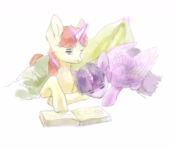 Size: 4820x4120 | Tagged: safe, artist:sivelu, imported from derpibooru, moondancer, twilight sparkle, alicorn, pony, unicorn, blanket, book, female, lesbian, magic, mare, reading, ship:twidancer, shipping, simple background, sleeping, telekinesis, tucking in, twilight sparkle (alicorn), white background