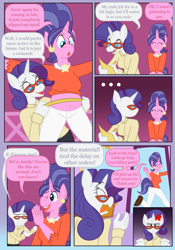 Size: 875x1250 | Tagged: safe, artist:himitsu, imported from derpibooru, cookie crumbles, rarity, anthro, unicorn, annoyed, belly button, clothes, comic, cross-popping veins, dialogue, ear piercing, earring, emanata, eyes closed, frustrated, g4, glasses, horn, indoors, jewelry, measuring tape, midriff, one eye closed, open mouth, open smile, pants, paper, pencil, piercing, rarity is not amused, rarity's glasses, senftember, shirt, smiling, speech bubble, unamused, wink