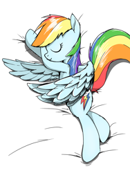 Size: 1536x2048 | Tagged: safe, artist:tstone, imported from derpibooru, rainbow dash, pegasus, pony, cute, dashabetes, eyes closed, hug, lying down, simple background, sleeping, sleepydash, solo, white background, wing blanket, winghug, wings