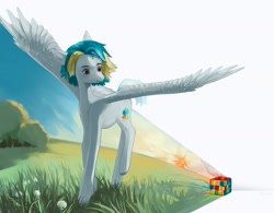 Size: 3200x2500 | Tagged: safe, artist:sivelu, imported from derpibooru, oc, oc only, pegasus, pony, rubik's cube, scenery, spread wings, wings