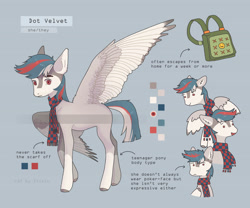 Size: 3000x2500 | Tagged: safe, artist:sivelu, imported from derpibooru, oc, oc only, oc:dot velvet, pegasus, pony, clothes, female, mare, reference sheet, scarf, solo